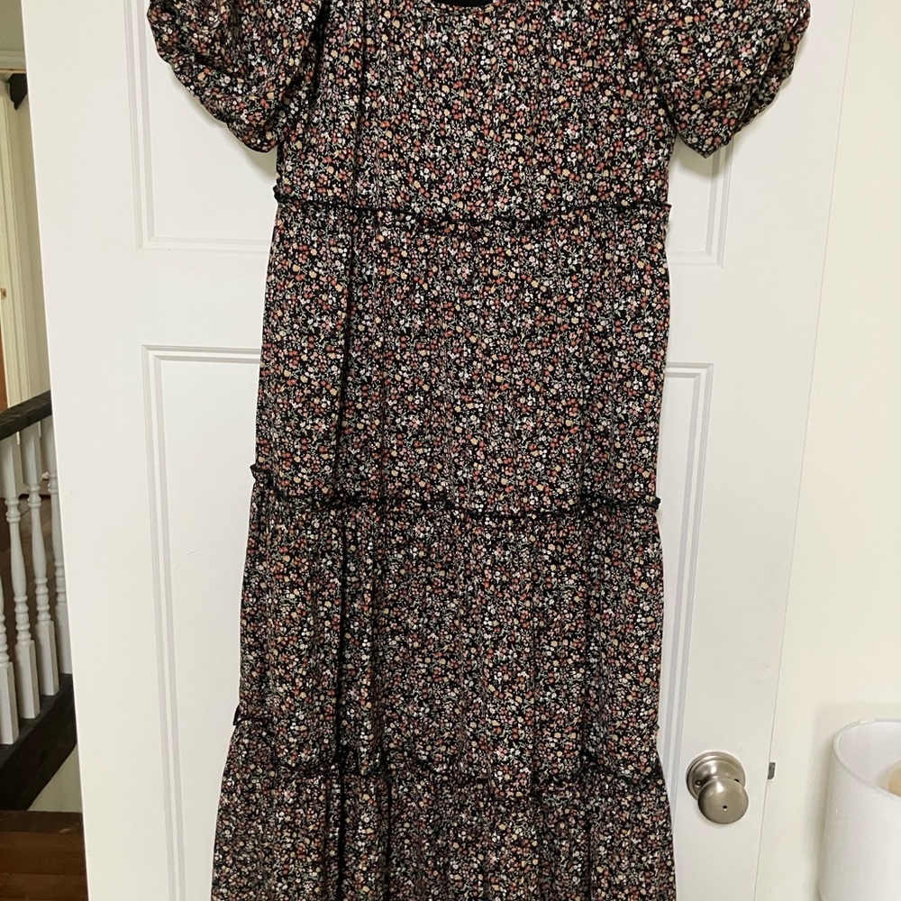 Mikarose Elegant Black Tiered Dress with Floral Accents